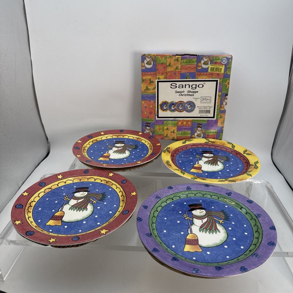 Sango Sweet Shoppe Christmas Snowman Sue Zipkin 4 Salad/Dessert Plates 8"⬇️